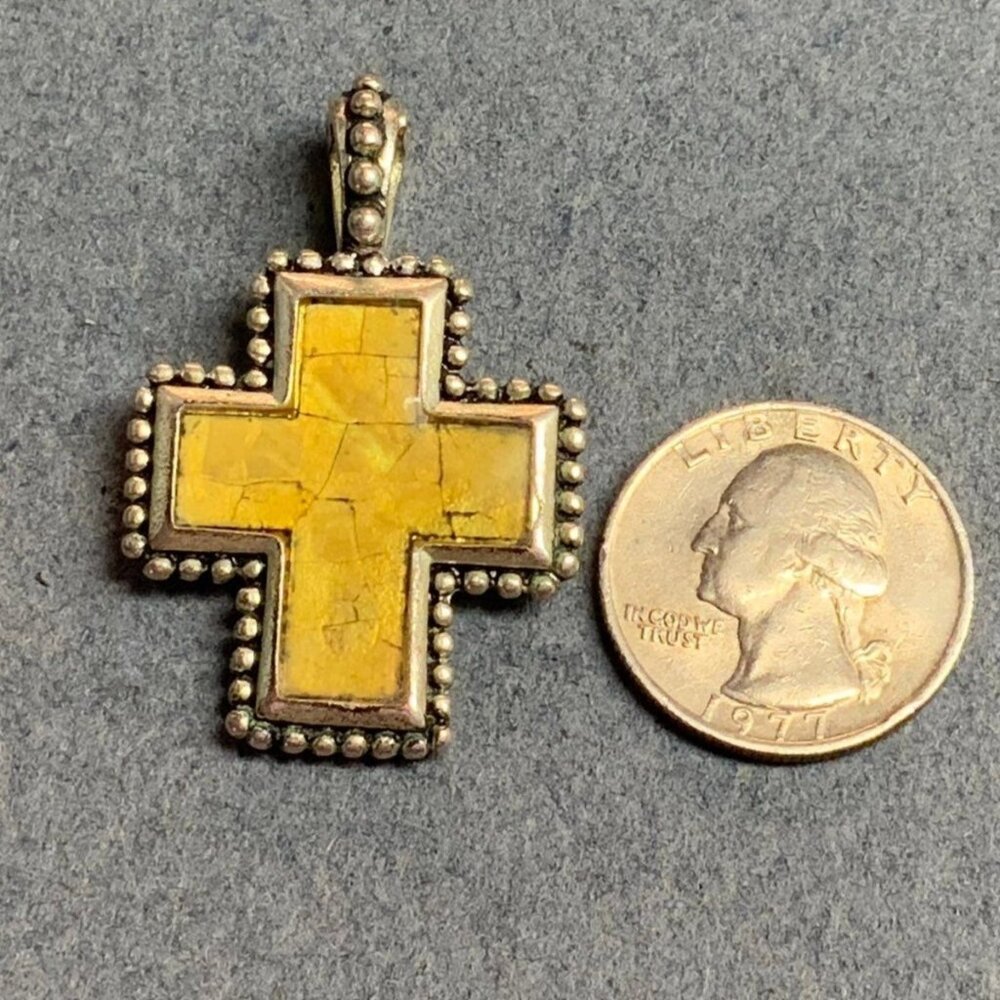 Premier Designs Cross Pendant Reversible Yellow Enamel Silver Grooved Religious